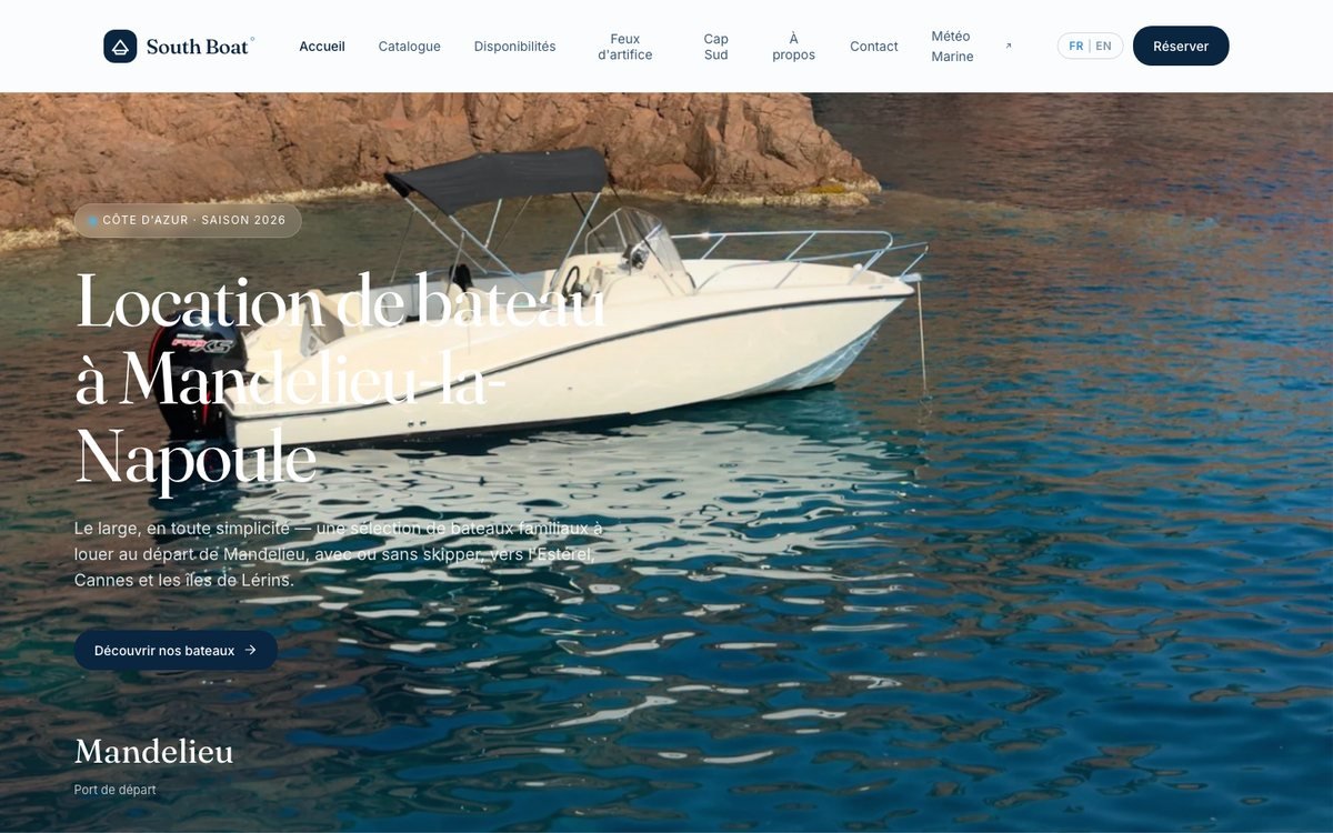 Page d'accueil du site South Boat, location de bateaux à Mandelieu-la-Napoule, conçu et développé par Agency LAP.
